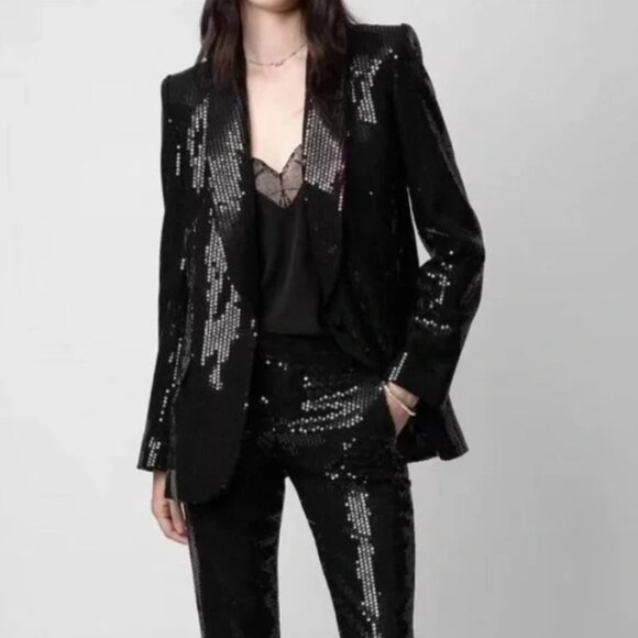 Zadig & Voltaire Vive Sequin Tuxedo Blazer Black Sparkle Jacket Womens M 38 - Picture 1 of 13